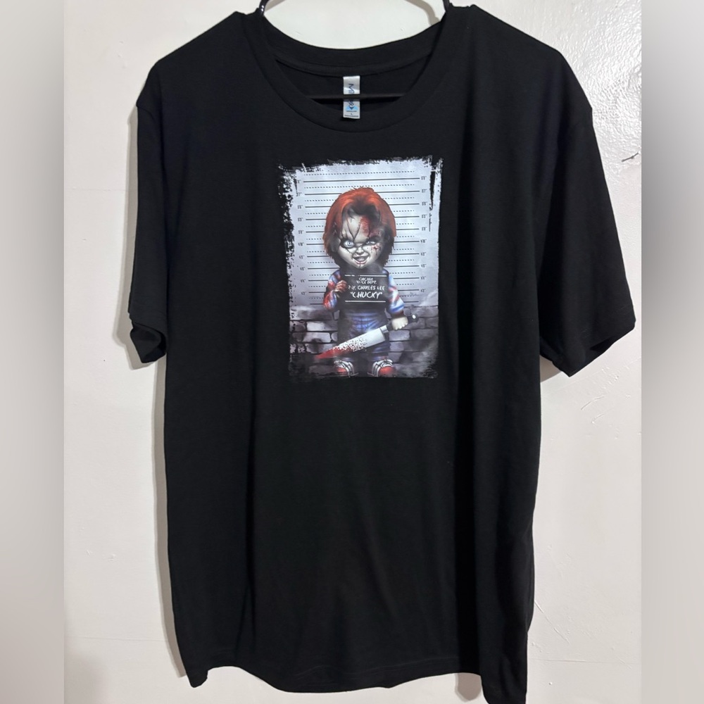 Chucky mugshot Edgy Black Graphic Tee child’s play handmade unisex size‎ large
